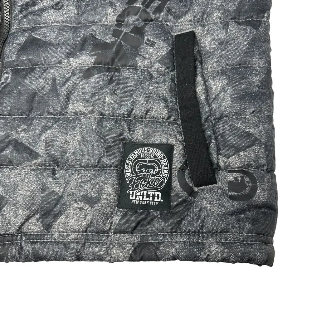 ECKO UNLTD Grey Black Camo Sleeveless‎ Hoodie Bomber Puffer Vest Jacket Coat Y2K